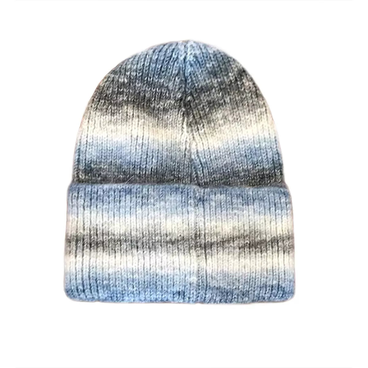 A ribbed knit beanie hat with a horizontal gradient pattern transitioning from light blue at the top to white in the middle and dark gray at the bottom, shown against a plain white background.