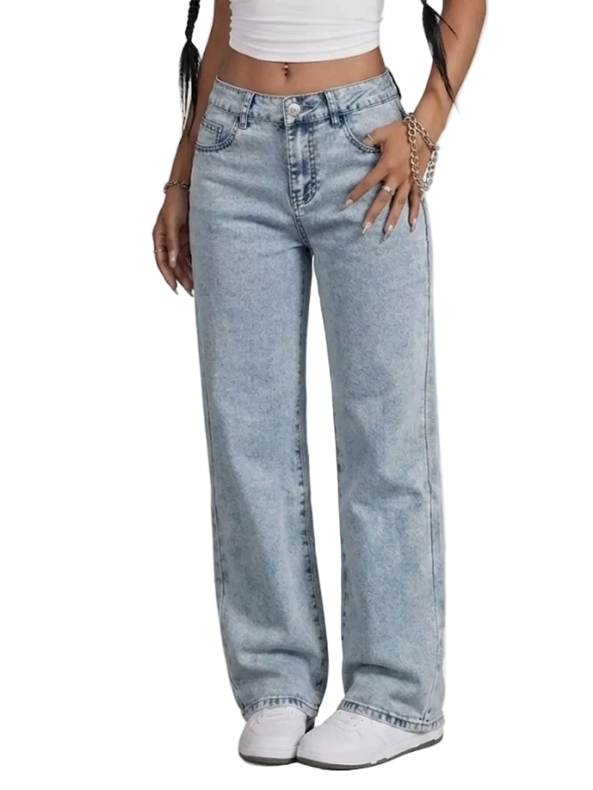A model wearing a pair of light-wash, wide-leg denim jeans with a faded wash effect, styled with a white crop top and white sneakers against a plain white background.