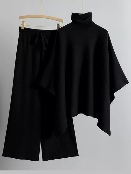 Turtleneck poncho sweater and matching wide-leg knit pants set