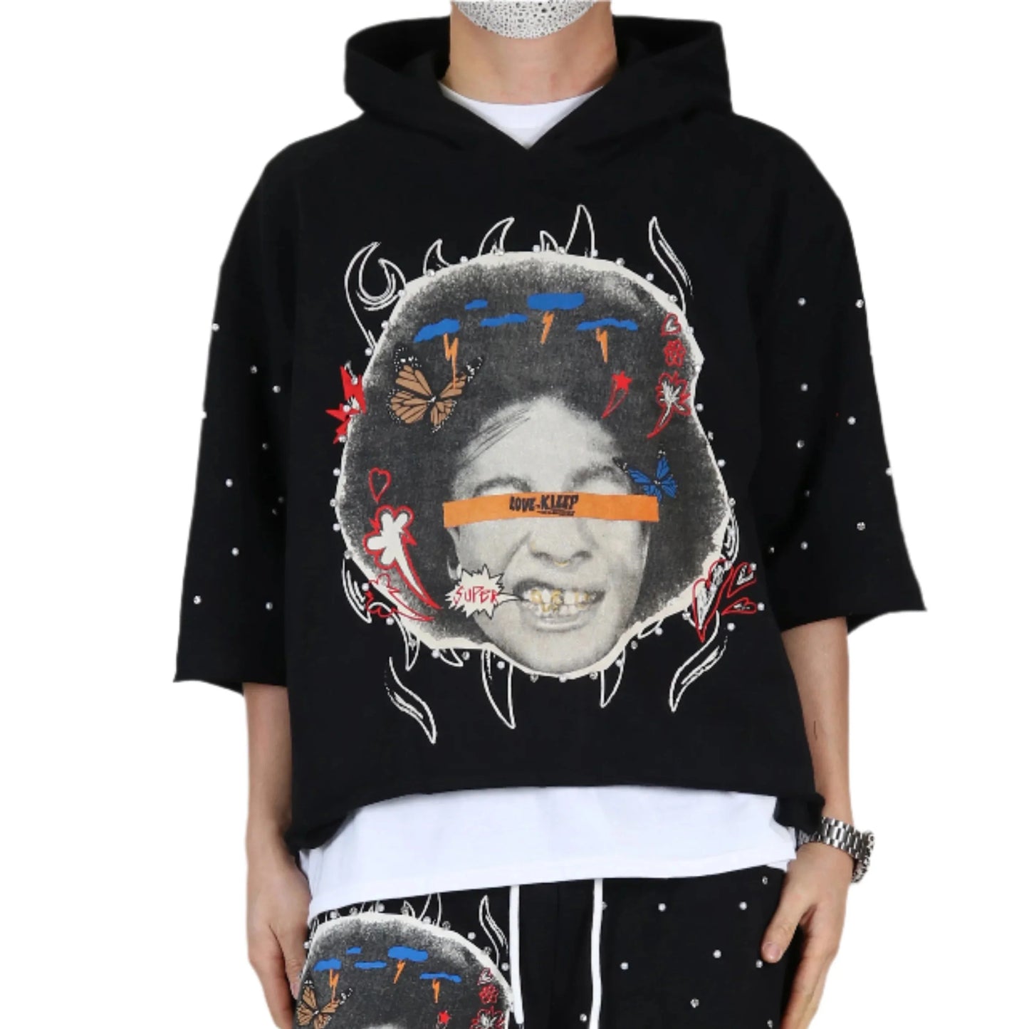 Proco French Terry 3/4 Sleeve Crop Top Pullover Hoodie