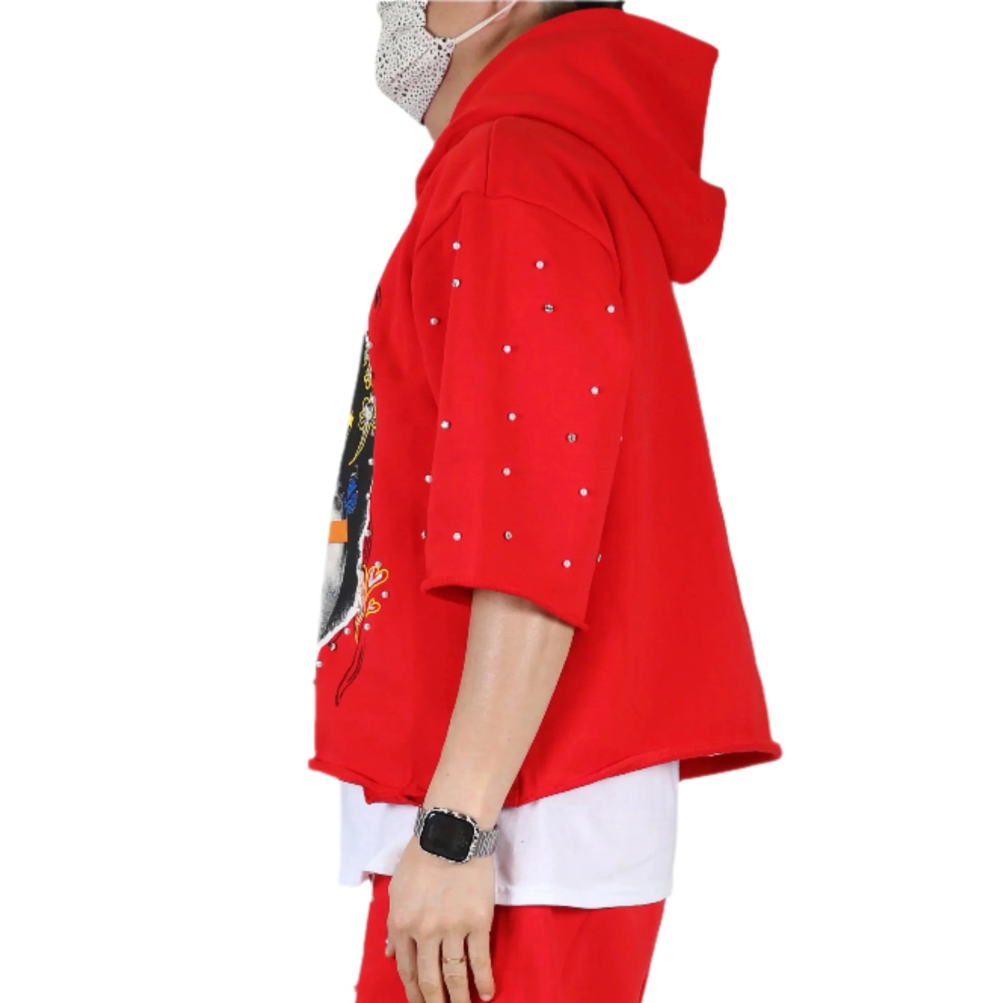 Simon French Terry 3/4 Sleeve Crop Top Pullover Hoodie