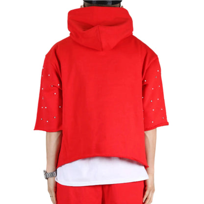 Simon French Terry 3/4 Sleeve Crop Top Pullover Hoodie