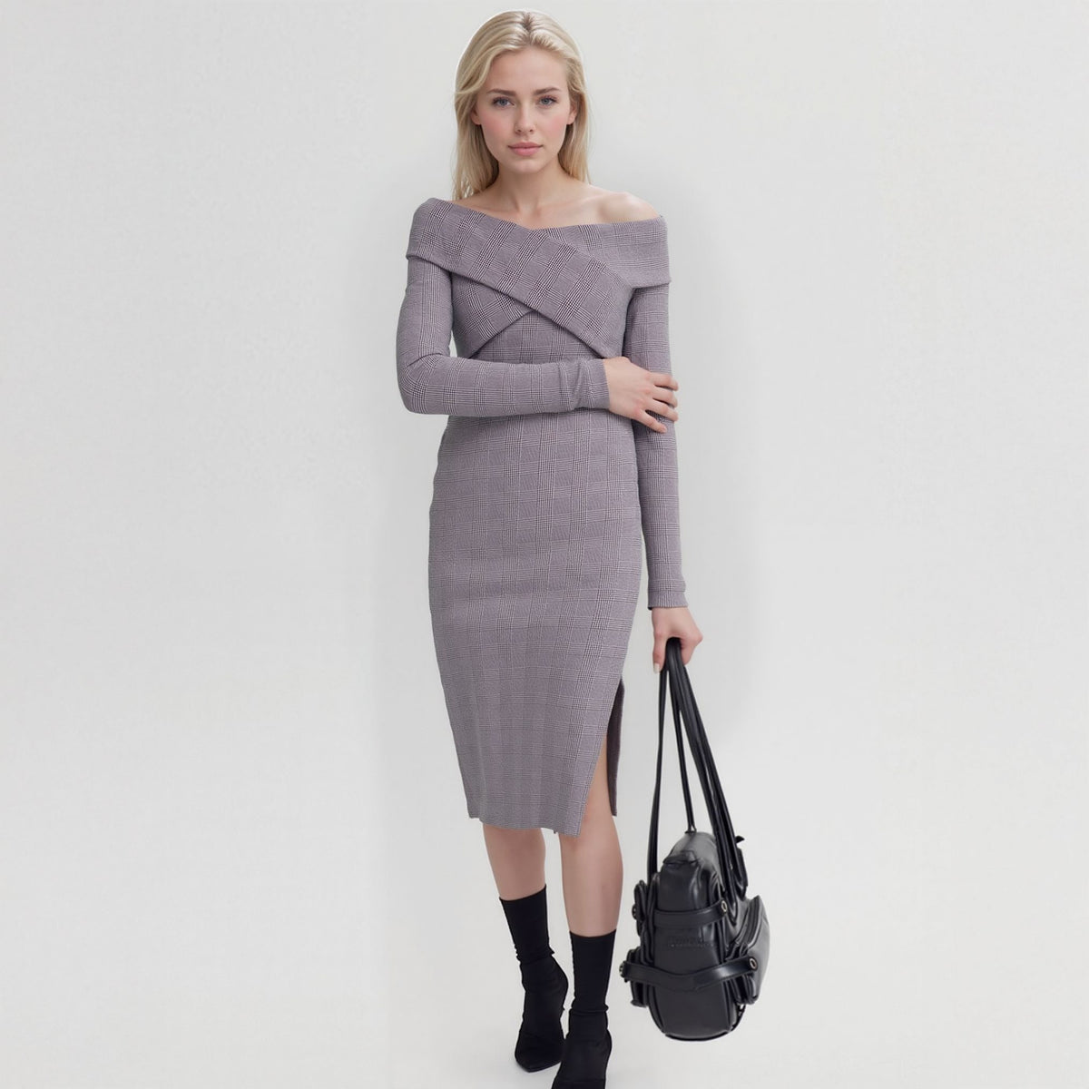 Glen Plaid Off Shoulder Crisscross Dress | Grey Black