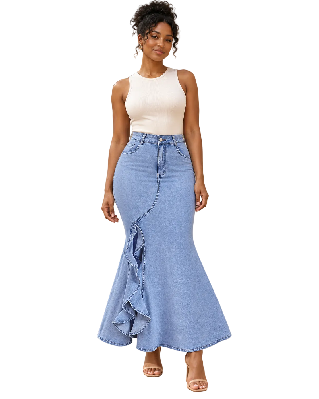 A woman stands outdoors on a stone walkway wearing a sleeveless white ribbed top and a light blue denim maxi skirt with a ruffled side detail. The background shows a beige stone building wall.