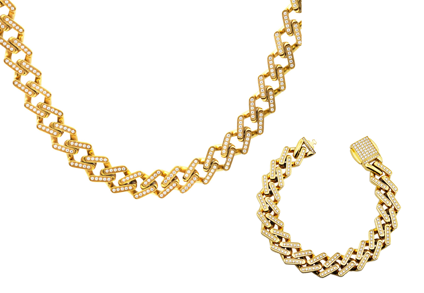 Mens Gold Stainless Steel 14mm Monaco Link Chain Set With Cubic Zirconia