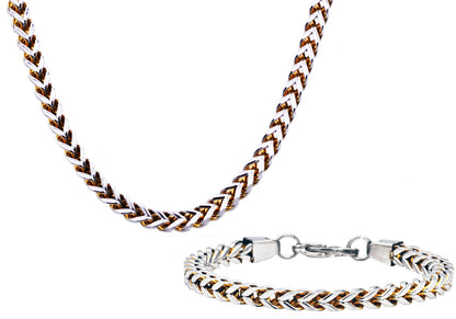 Mens 8mm Two Tone Gold Plated Stainless Steel Franco Link Chain Set