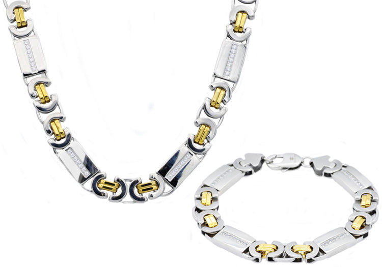 Mens Gold Stainless Steel Flat Byzantine Link Chain Set With Cubic Zirconia