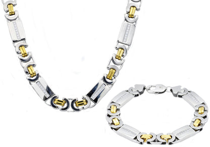 Mens Gold Stainless Steel Flat Byzantine Link Chain Set With Cubic Zirconia
