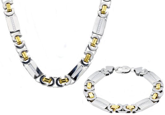 Mens Gold Stainless Steel Flat Byzantine Link Chain Set With Cubic Zirconia