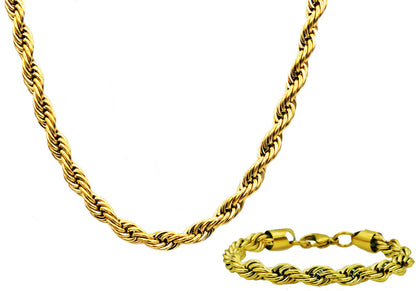 Mens Gold Stainless Steel Rope Link Chain Set