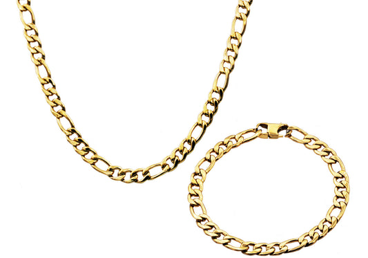 Mens Gold Stainless Steel Figaro Link Chain Set