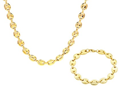 Mens Gold Stainless Steel Puff Mariner Link Chain Set