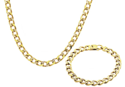 Mens Gold Stainless Steel Curb Link Chain Set With Cubic Zirconia