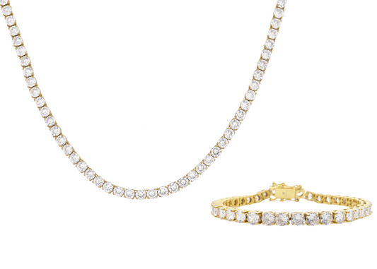 Mens Gold Plated Stainless Steel 5mm Cubic Zirconia Tennis Bracelet And Necklace Set
