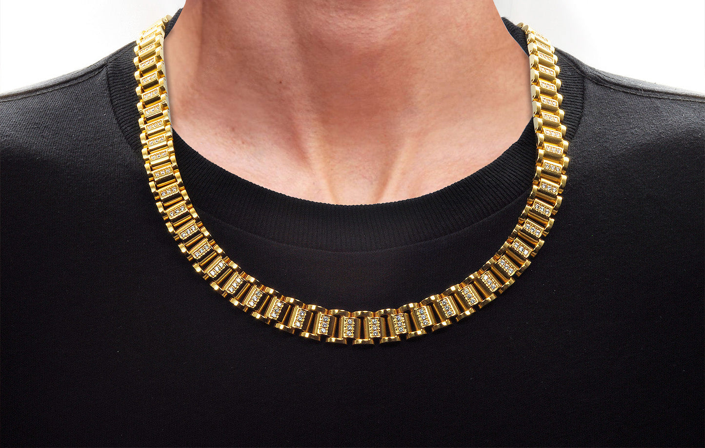 Mens Gold Plated Stainless Steel Chain Link Set With Cubic Zirconia