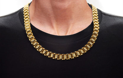 Mens Gold Plated Stainless Steel Chain Link Set With Cubic Zirconia