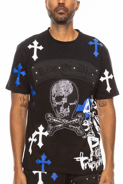 Person wearing a black t-shirt with skull and crossbones design and crosses on a white background