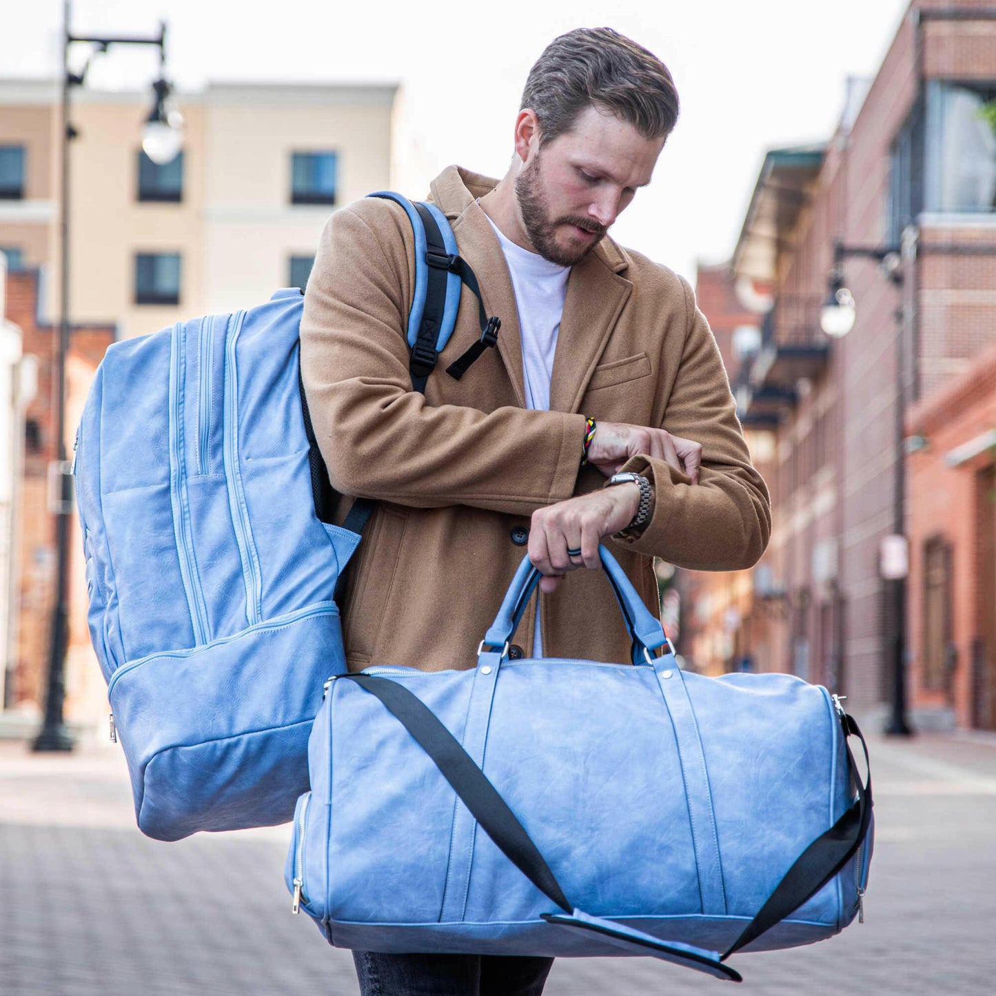 Baby Blue Leather Luxury Carry-On Backpack