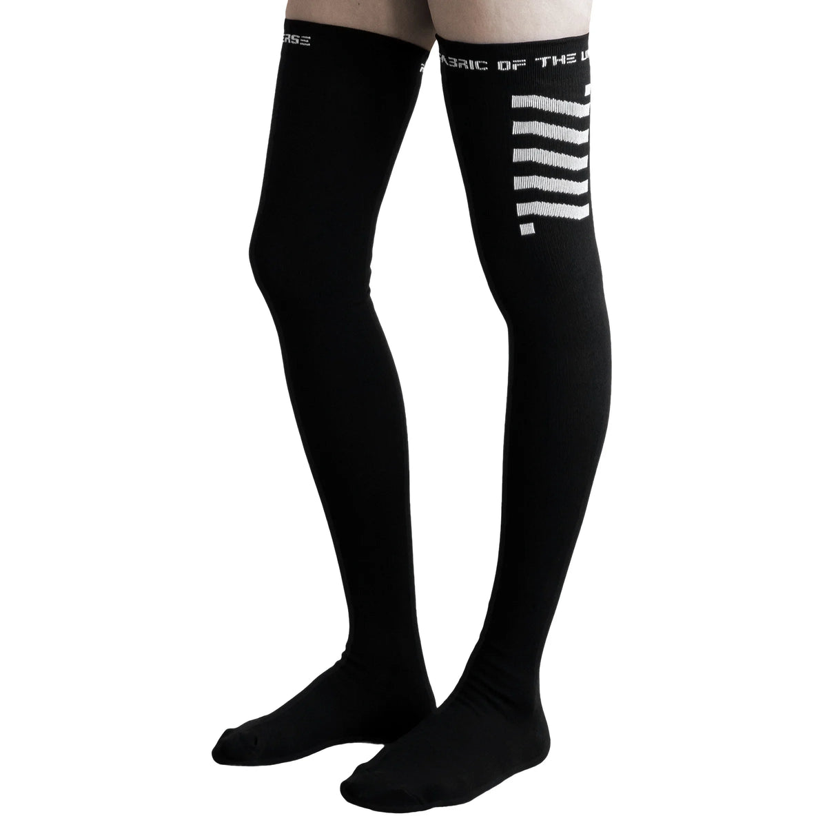 Black knee-high socks with white stripes on a white background