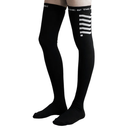 Black knee-high socks with white stripes on a white background