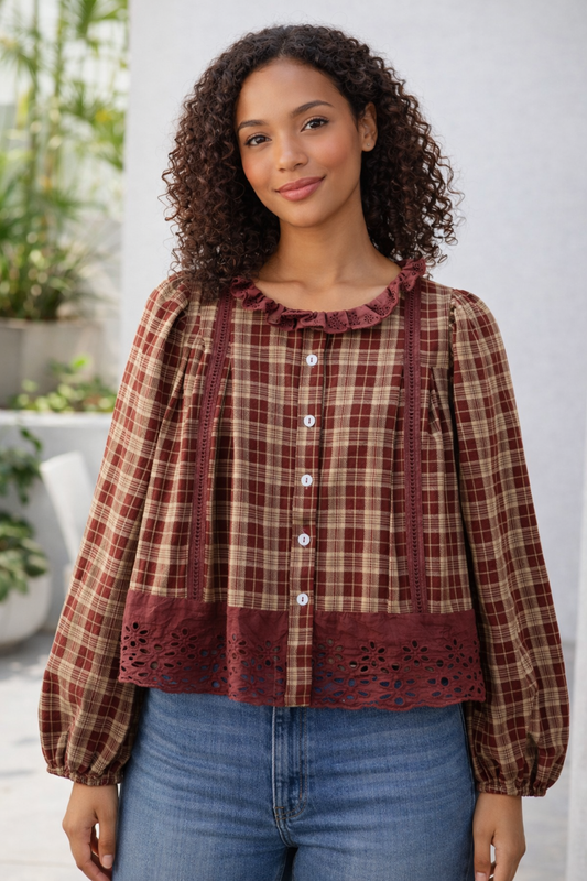Plaid Eyelet Lace Trim Buttoned Long Sleeve Shirt