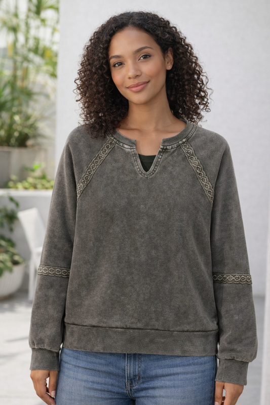 Lace Patchwork Mineral Wash Notched Neck Sweatshir
