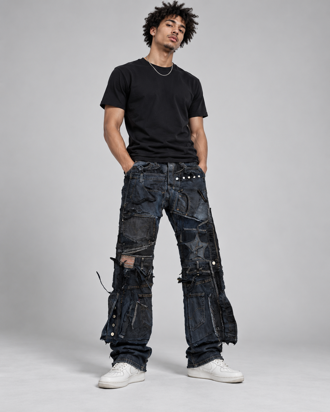 A model wearing a pair of heavily distressed and patchwork dark blue denim jeans with multiple zippers, rivets, and ripped details, styled with a black t-shirt and white sneakers against a light gray studio background.