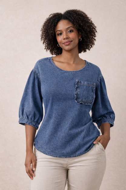 Denim 3/4 Sleeve Ruffle Patch Pocket Blouse