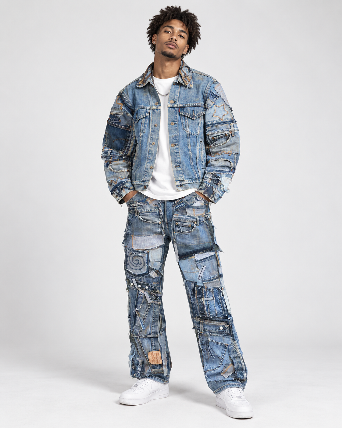 A man modeling a pair of heavily distressed and patchwork blue denim jeans with a matching patchwork denim jacket, styled over a white t-shirt and white sneakers on a light gray studio background.