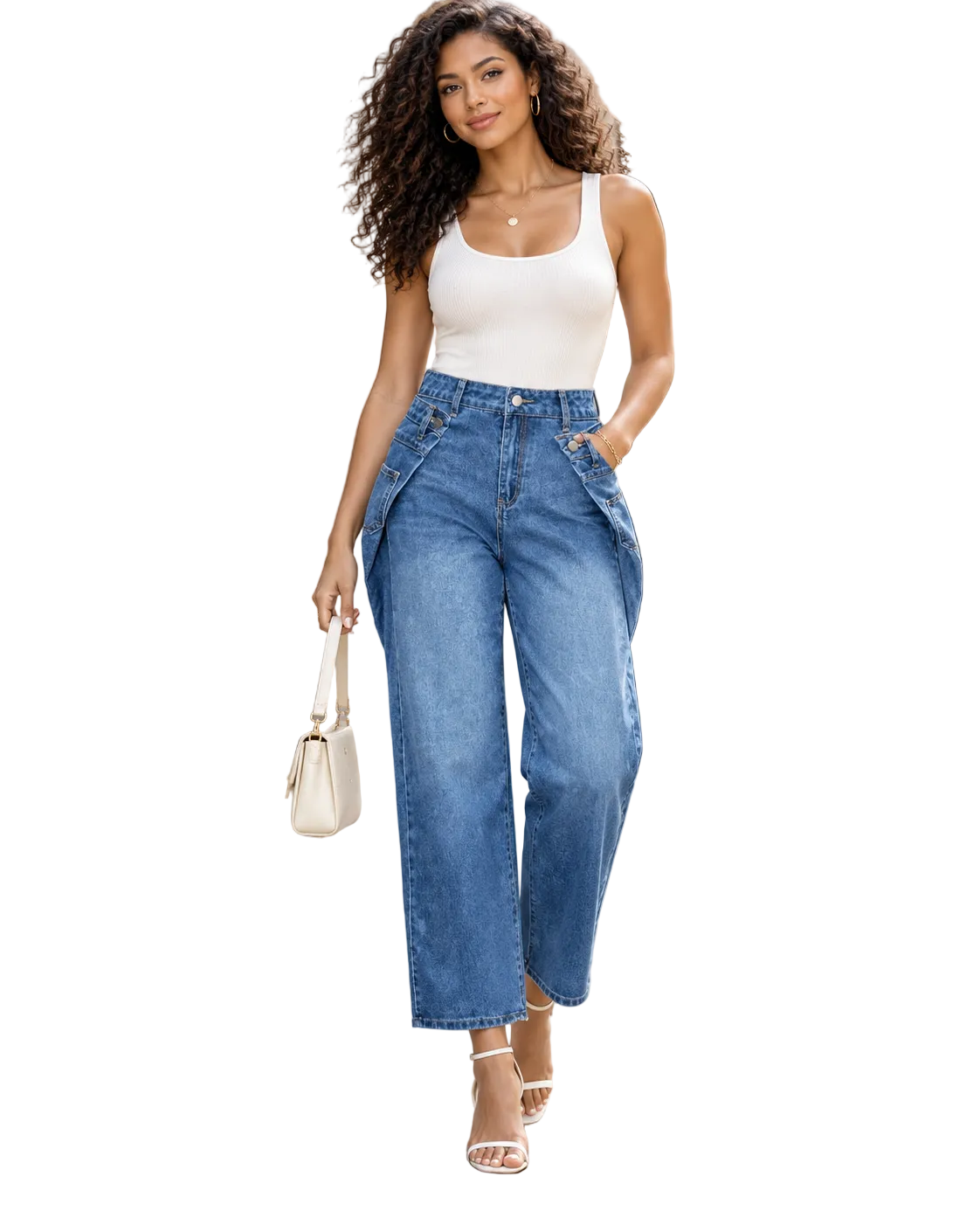 A woman walking on a city sidewalk wearing a white ribbed tank top and high-waisted, wide-leg blue jeans, holding a small cream handbag.