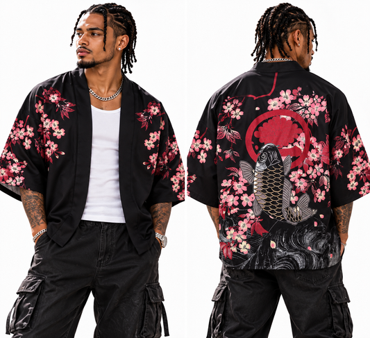 A man modeling a black short-sleeve open-front shirt jacket with pink and red cherry blossom floral print, shown from both front and back views against a plain white background.