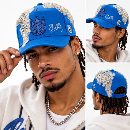 El Alfa Lurex Emb Logo 5 Panel A Frame Trucker Hat | Blue