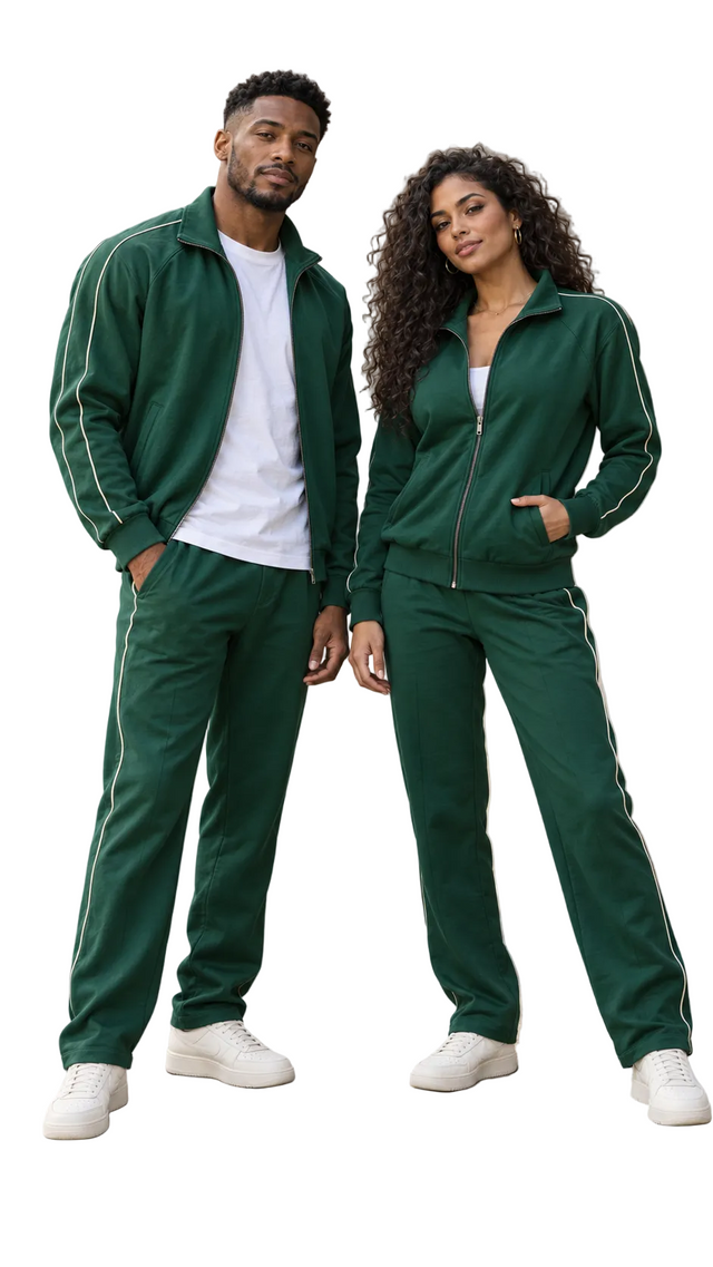 A man and a woman modeling matching dark green zip-up track suits with white piping, standing outdoors on a sidewalk in front of a beige stone building.