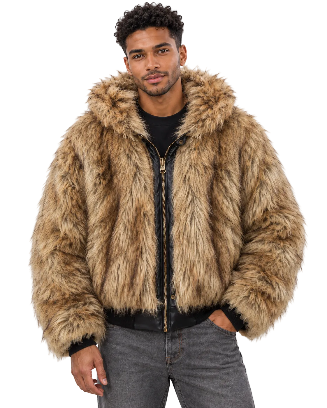 A man wearing a brown and beige faux fur jacket with a black zipper and black ribbed trim, paired with a black t-shirt and gray jeans, against a plain white background.