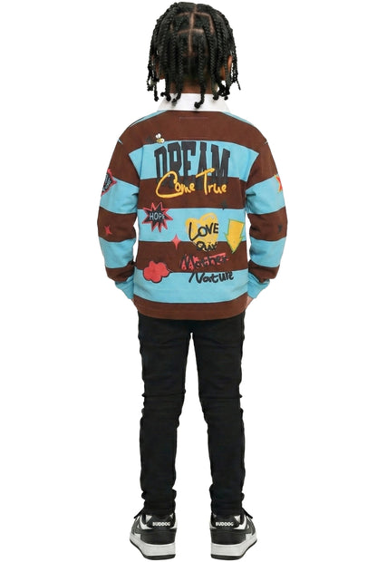 Long Sleeve Polo Shirt With Heavy Print Effects & Patch Works