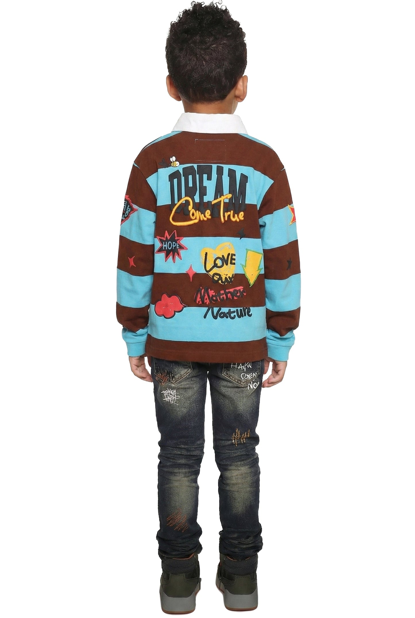 Long Sleeve Polo Shirt With Heavy Print Effects & Patch Works