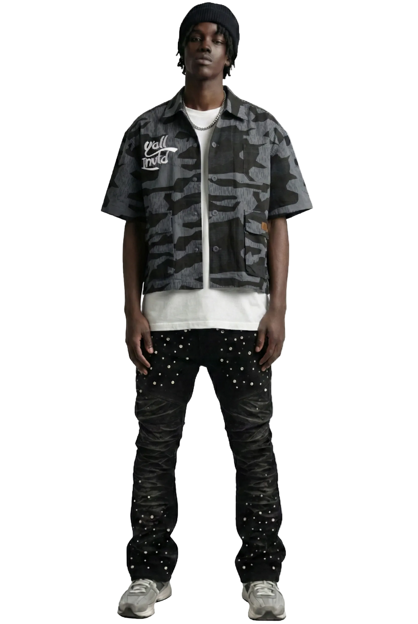 Noir Fine Ripstop Twill Boxy Cut Crop Top Short sleeve Buttondown Shirt