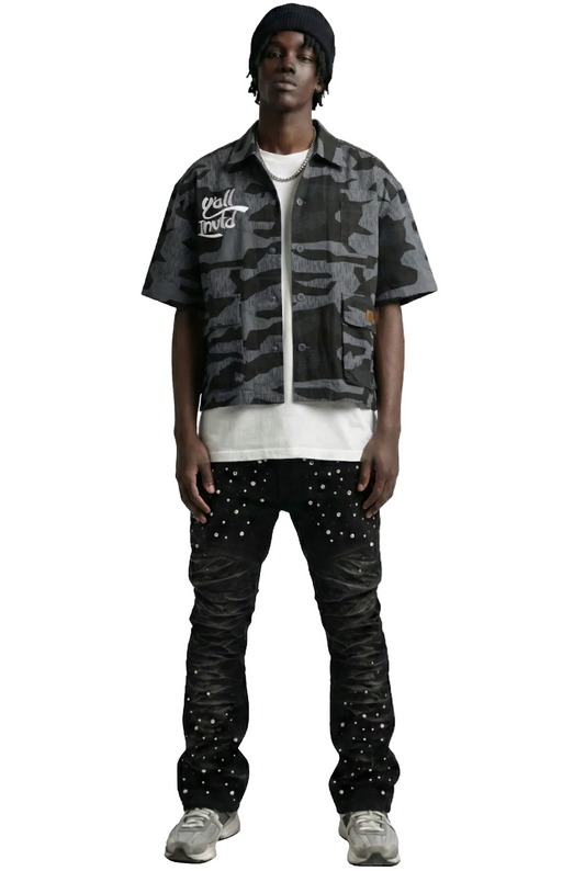 Noir Fine Ripstop Twill Boxy Cut Crop Top Short sleeve Buttondown Shirt