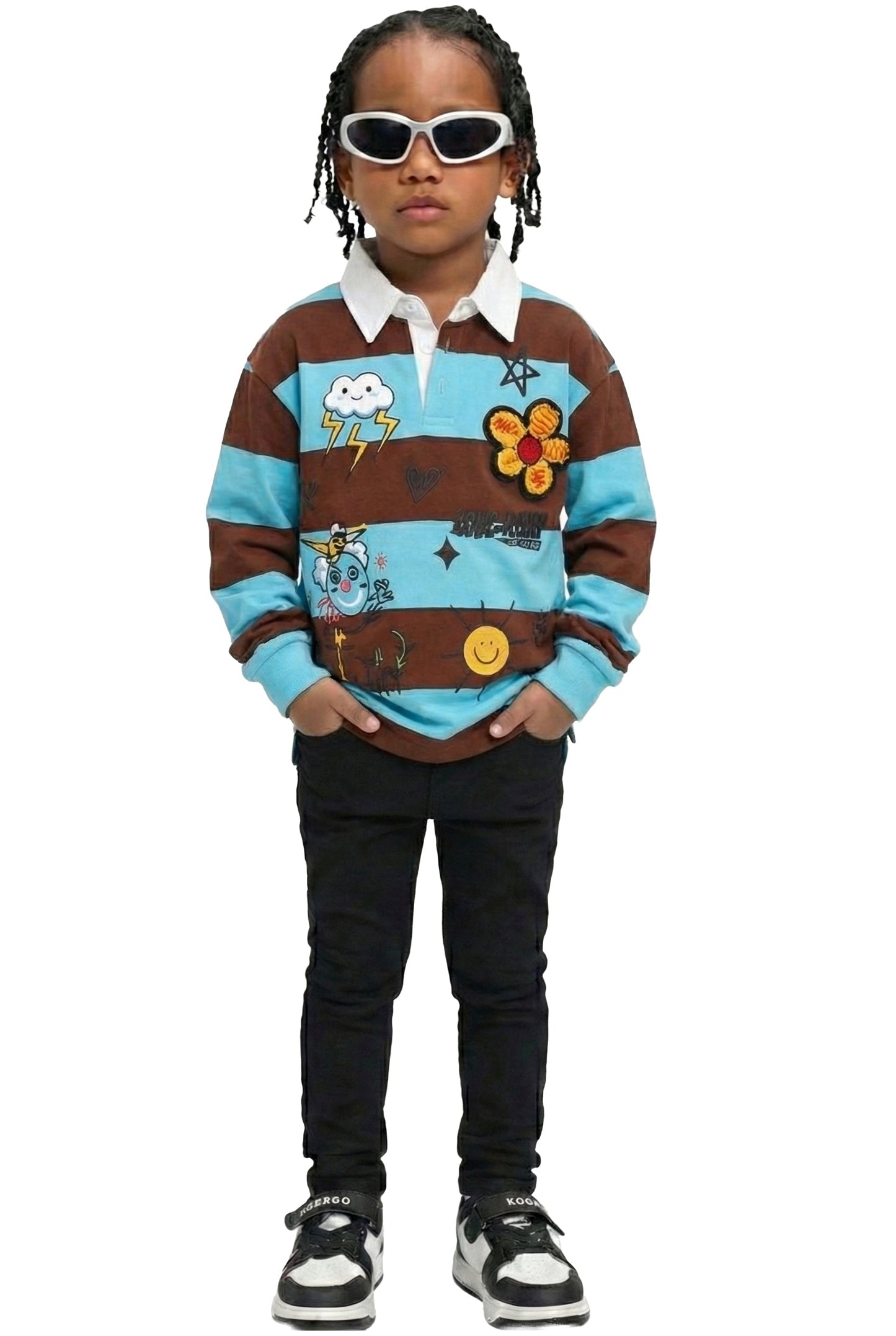 Long Sleeve Polo Shirt With Heavy Print Effects & Patch Works