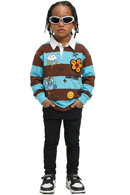 Long Sleeve Polo Shirt With Heavy Print Effects & Patch Works