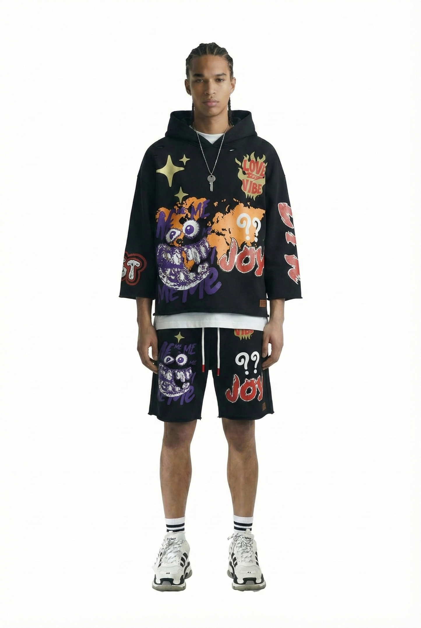 French Terry 3/4 Sleeve Crop Top Pullover Hoodie