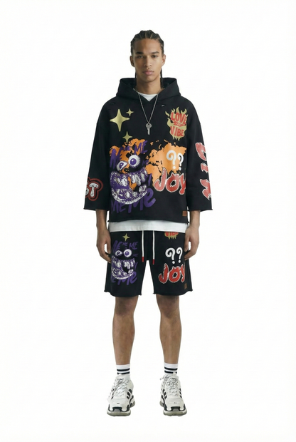 French Terry 3/4 Sleeve Crop Top Pullover Hoodie