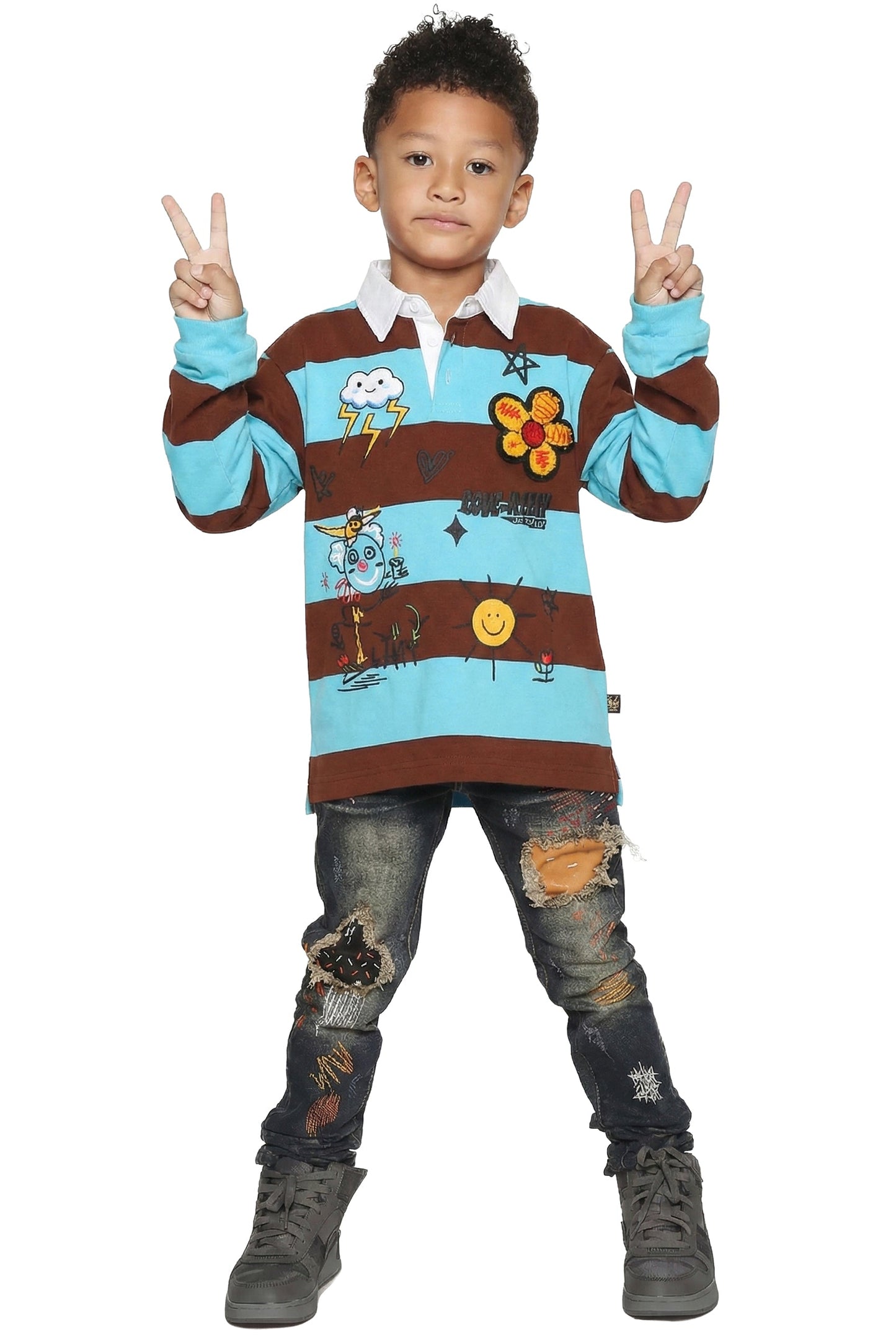 Long Sleeve Polo Shirt With Heavy Print Effects & Patch Works
