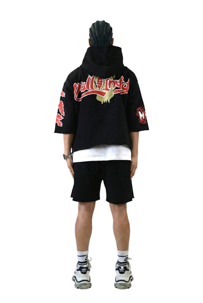 French Terry 3/4 Sleeve Crop Top Pullover Hoodie