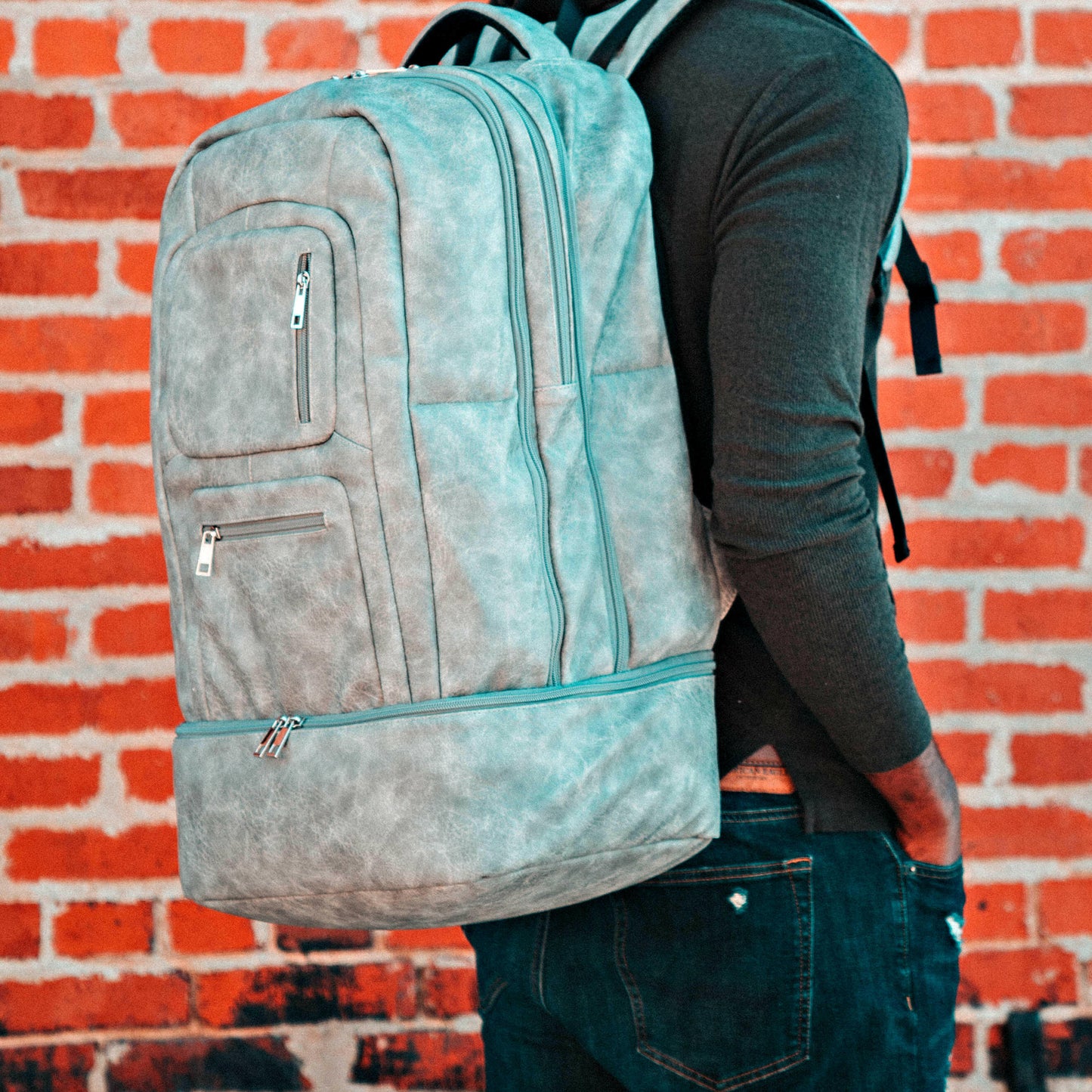 Grey Leather Luxury Carry-On Backpack