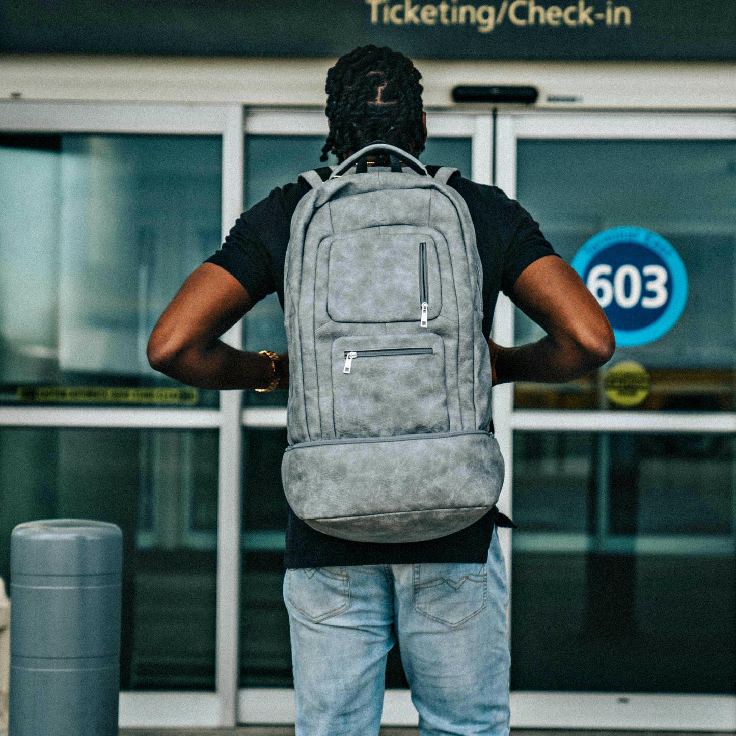 Grey Leather Luxury Carry-On Backpack