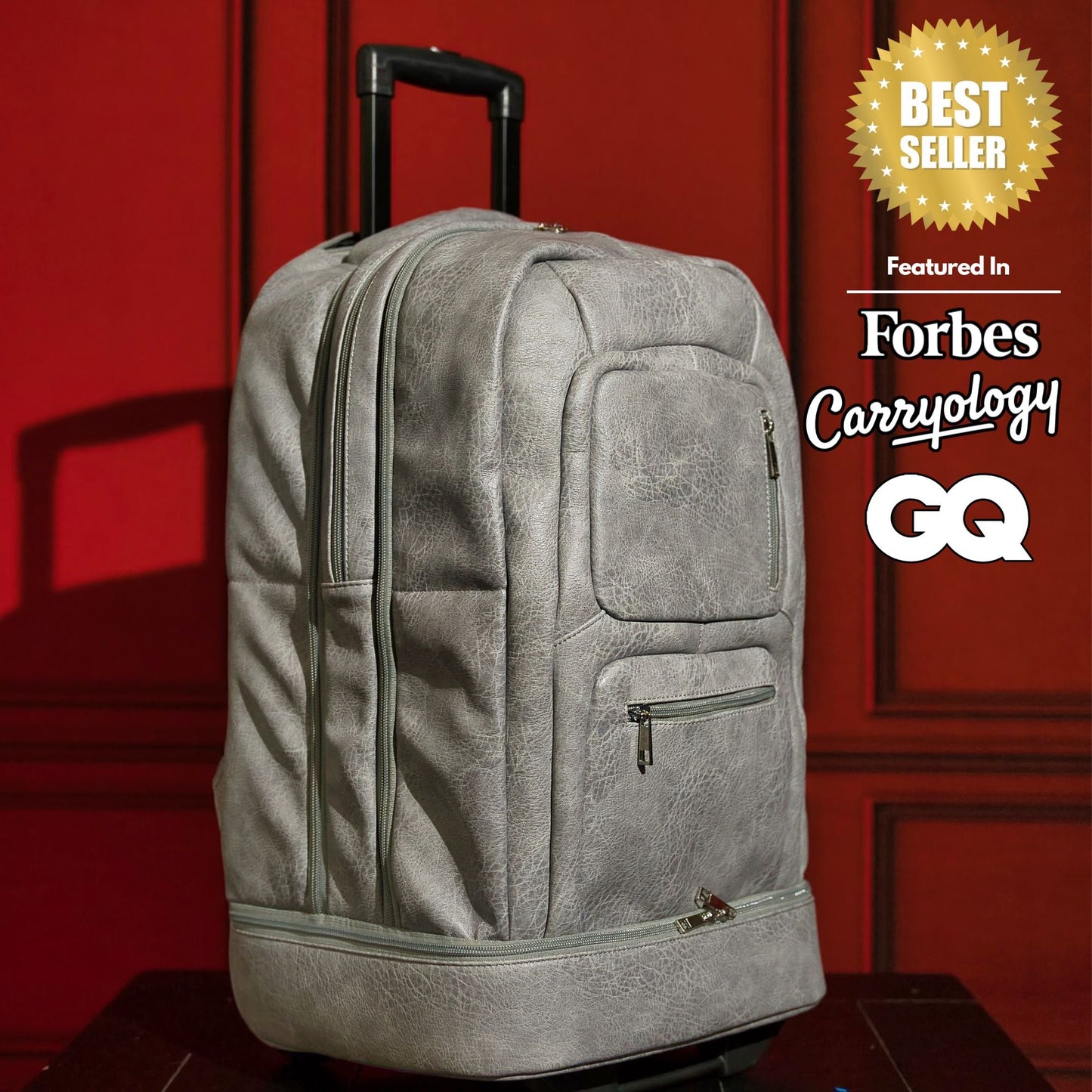 Grey Leather Carry-On Roller Bag