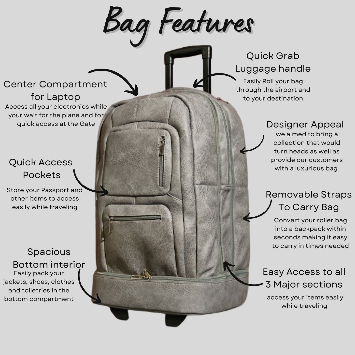 Grey Leather Carry-On Roller Bag