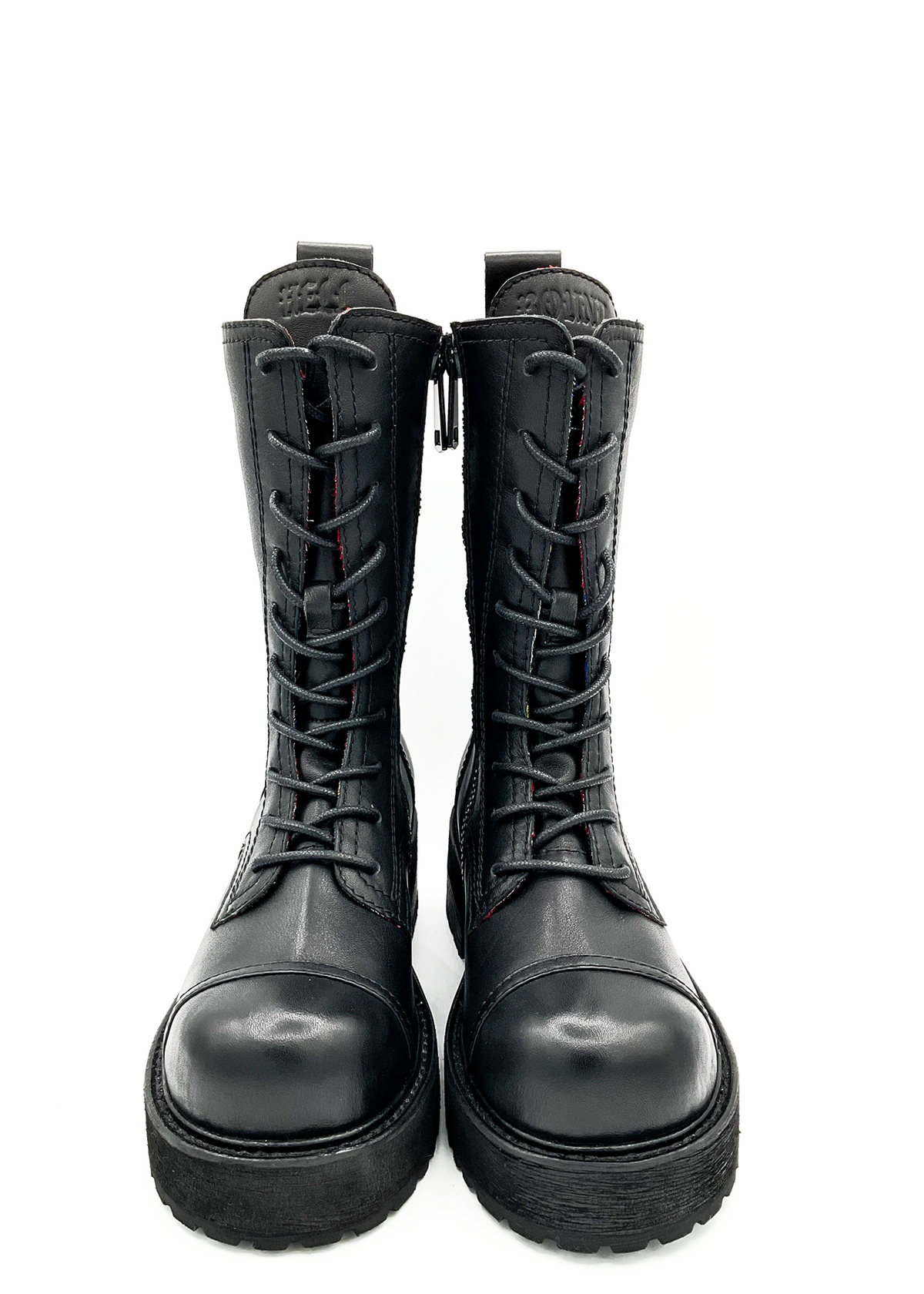 A pair of black leather combat boots with lace-up fronts, side zippers, and chunky soles, photographed against a plain white background.