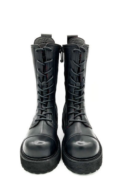 A pair of black leather combat boots with lace-up fronts, side zippers, and chunky soles, photographed against a plain white background.